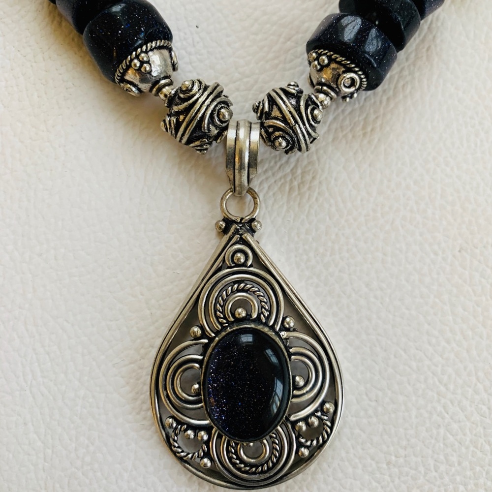 Dark Blue Stone Oxidized Necklace and Earring Set